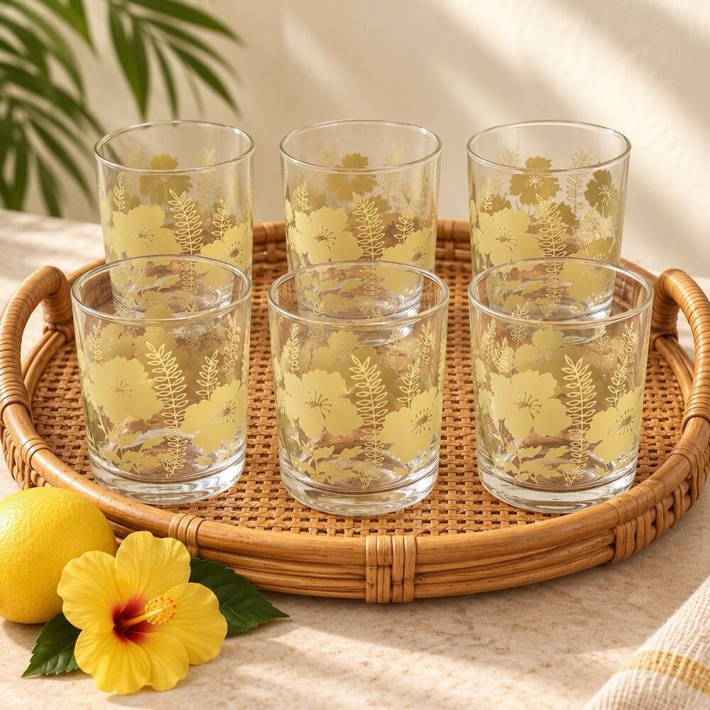 Vintage Set 6 Gold Hibiscus Floral Juice Glasses Fern Pattern Retro Tumblers MCM